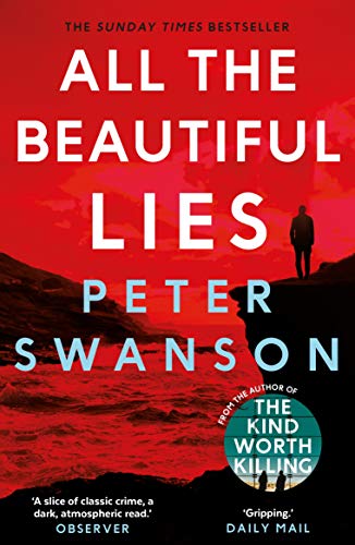 "Book cover with red sky, silhouette of man on cliff, and title 'All the Beautiful Lies'."