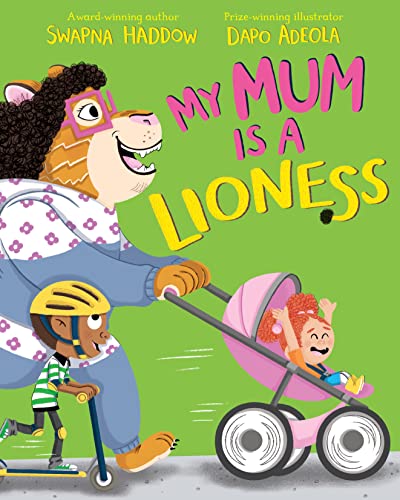 A cartoon lioness pushing a pink stroller with a child on a scooter nearby.