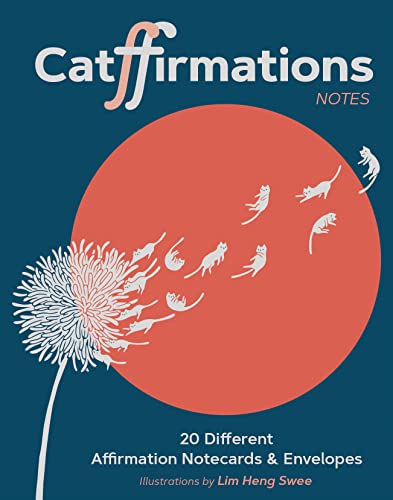 Catffirmations Notes" box with red circle, white cats, and dandelion illustration.