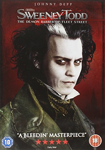 Johnny Depp as Sweeney Todd on the DVD cover, red background.