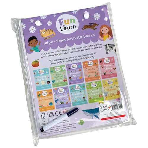 Packaged set of eleven colorful wipe-clean educational activity books with a pen.