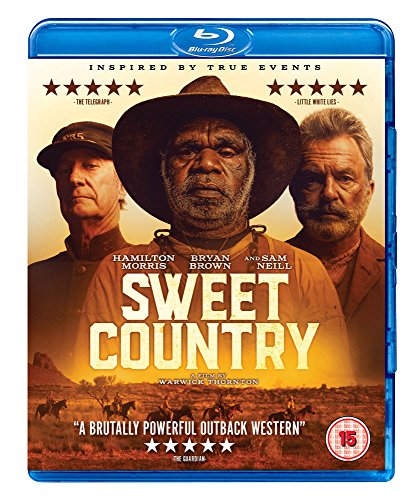“Sweet Country” Blu-ray cover featuring three men in hats, Australian outback.