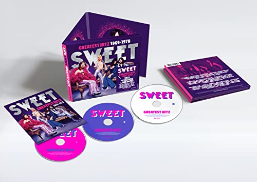 CD case and discs for Sweet’s “Greatest Hitz!” album, purple cover.