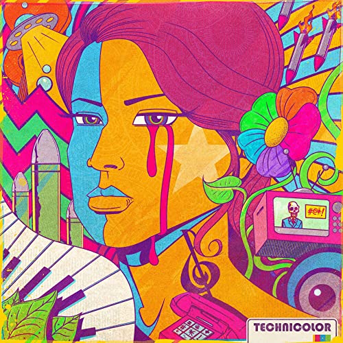 Psychedelic pop art illustration of a woman's face surrounded by colorful retro imagery.