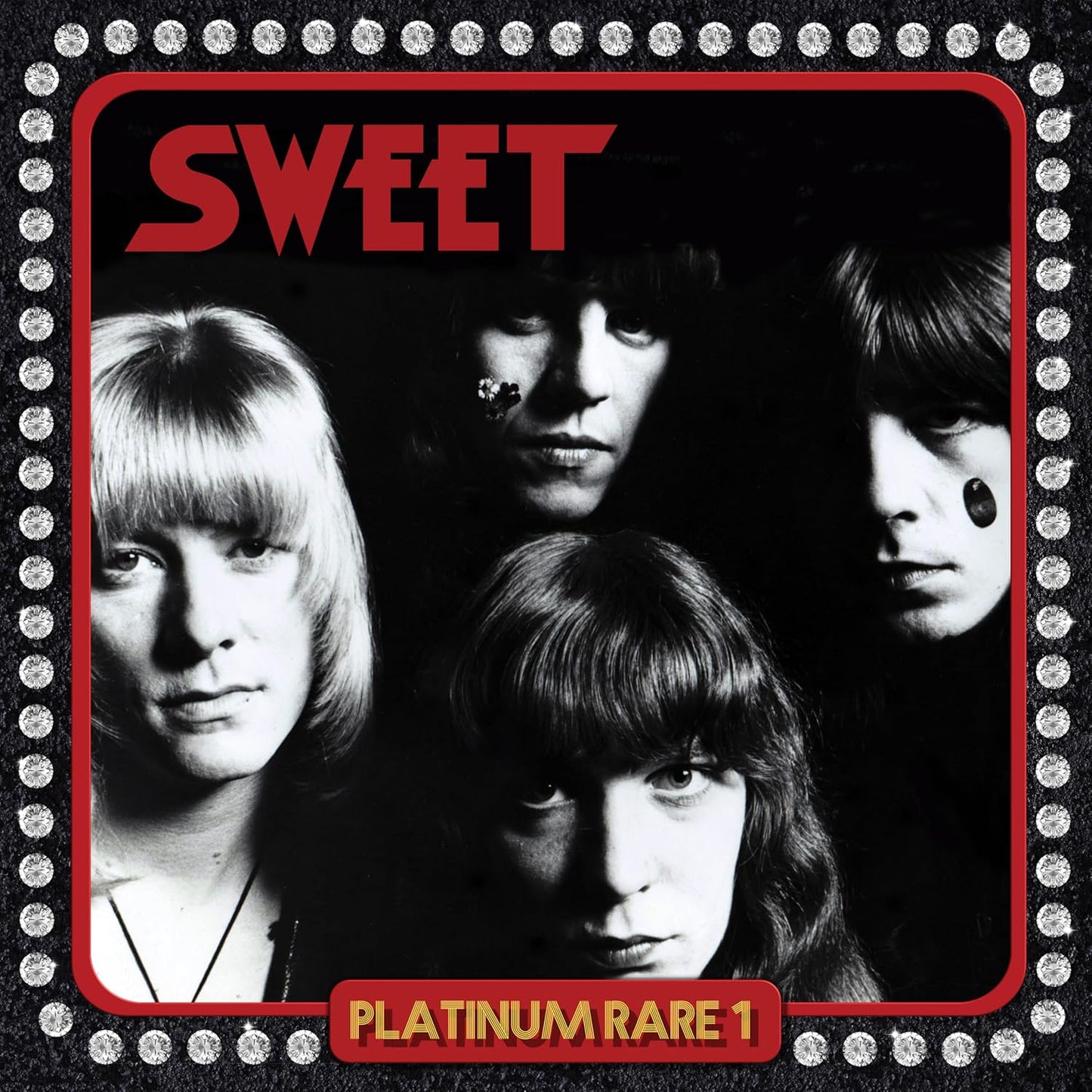 Black and white portrait of the band Sweet on a record cover.