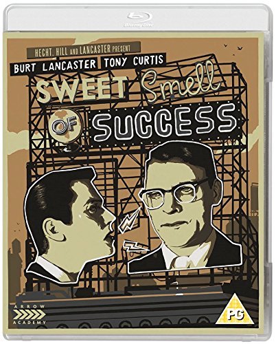 Sweet Smell of Success" Blu-ray cover with two men and city skyline.
