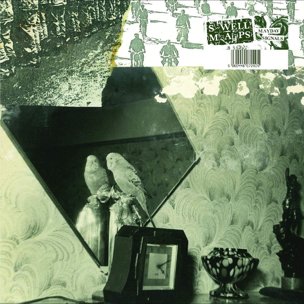 Swell Maps "Mayday Signals" vinyl album cover with birds and clock.