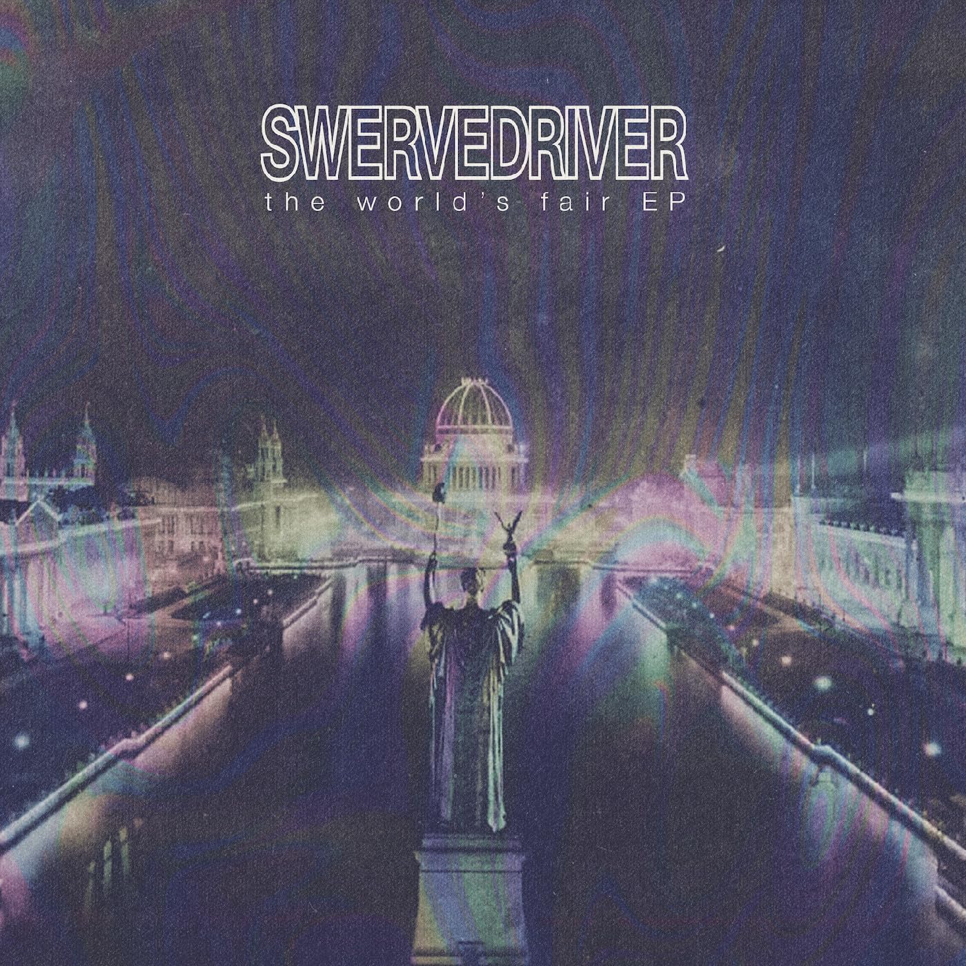 Swervedriver EP cover: nighttime cityscape with a central statue and glowing lights.