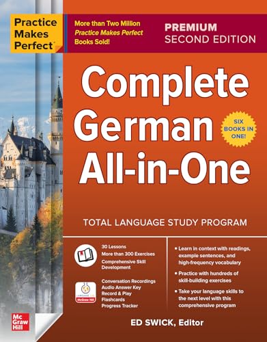 Front cover of Practice Makes Perfect Complete German All-in-One book featuring Neuschwanstein Castle.