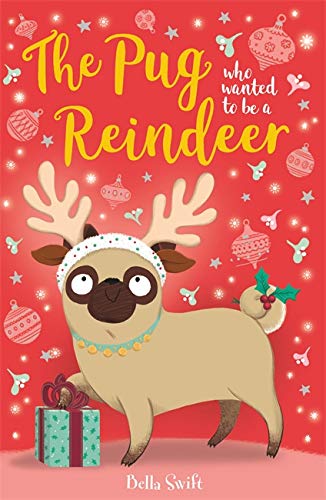 Pug wearing reindeer antlers stands beside a wrapped gift, festive background.