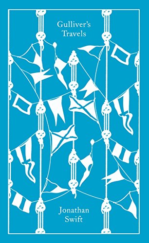 The image is a blue book cover with white illustrations and text. Alt text: Blue book cover with white illustrations and title "Gulliver's Travels" by Jonathan Swift.