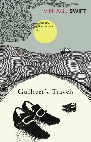 Book cover illustration of a ship on wavy seas, a yellow sun, and shoes.