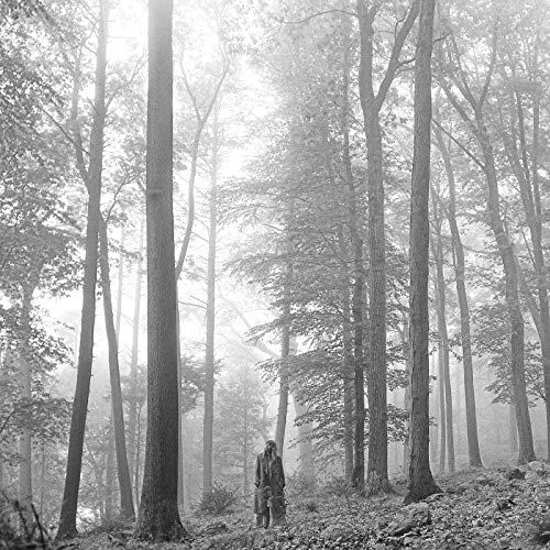 Black and white photo of Taylor Swift in a misty forest.