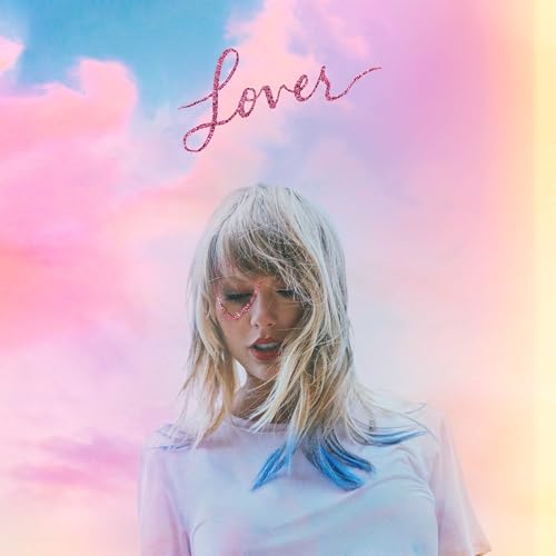 Taylor Swift’s “Lover” album cover with pastel clouds and her portrait.