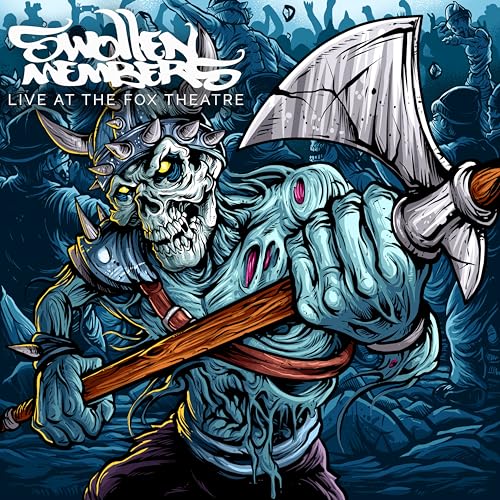 CD cover art: cartoon skeleton wielding axes, crowd in background.