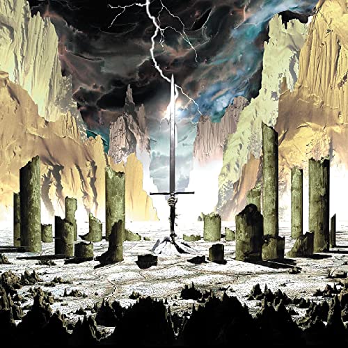 Dramatic landscape with a sword piercing stormy skies and ancient ruins.