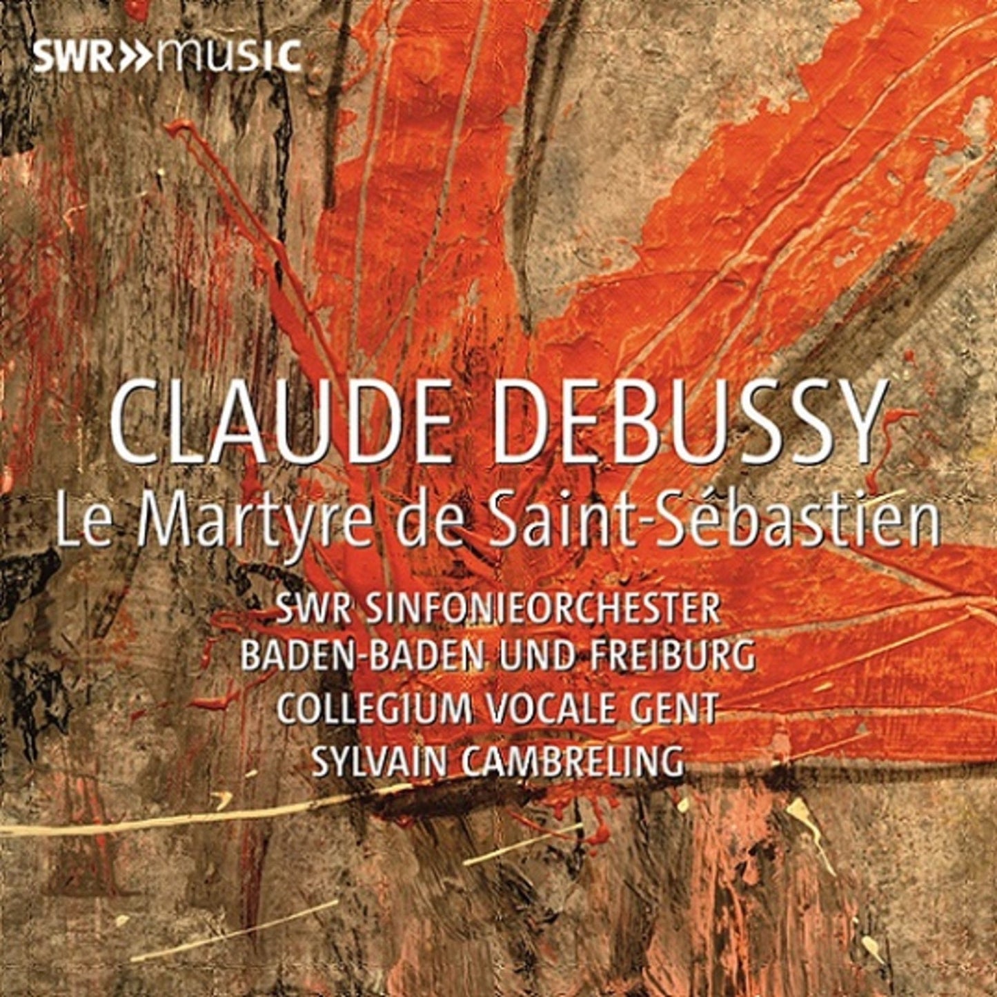 CD cover for Debussy’s “Le Martyre De Saint-Sébastien” with abstract red design.