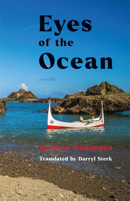 Book cover: blue ocean, small boat, rocky coast, white text.