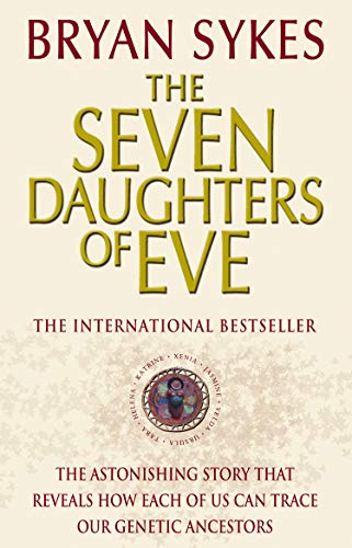 Book cover: "The Seven Daughters of Eve" with gold lettering and a circular emblem.