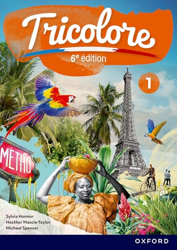 French textbook cover with woman, parrots, Eiffel Tower, and tropical plants.