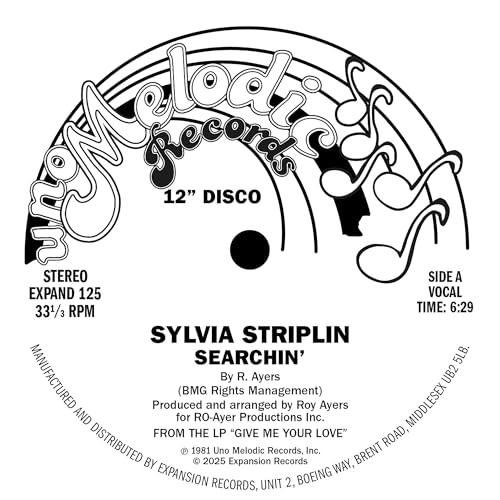 Vinyl record label for Sylvia Striplin’s “Searchin’” with white and black text.