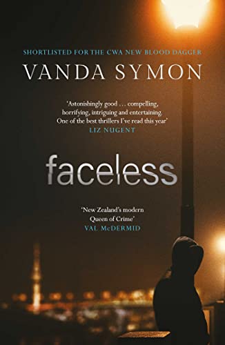 Book cover: dark cityscape, hooded figure, and title “faceless” in white text.