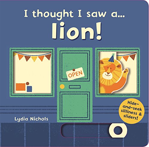 Book cover featuring a cartoon lion wearing a party hat peeking through a window.
