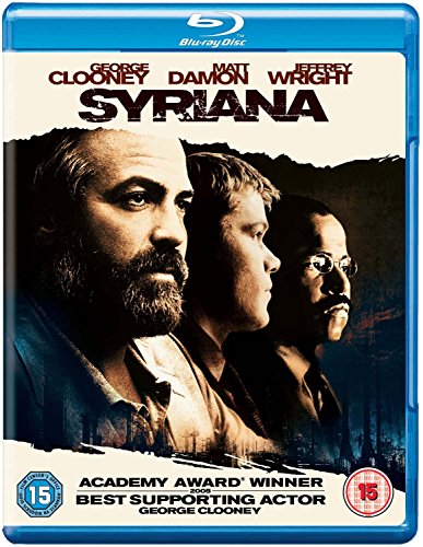 Blu-ray cover for Syriana featuring George Clooney, Matt Damon, and Jeffrey Wright.