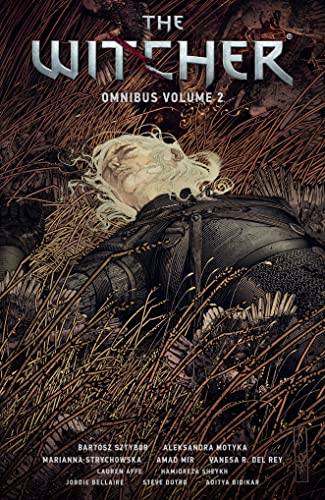 The Witcher Omnibus Volume 2 cover featuring a white-haired man lying in tall grass.