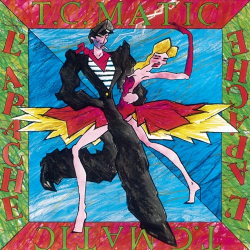 Vinyl record cover: illustrated couple dancing, bold colors, geometric border.