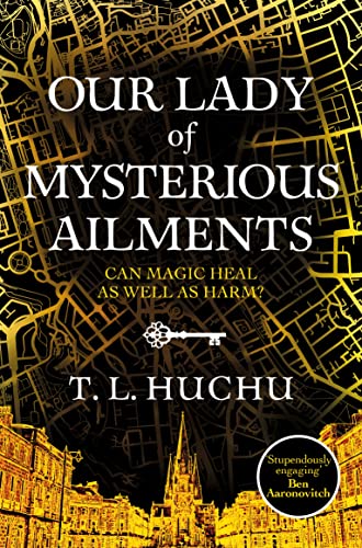Book cover with gold city map background, title, and key illustration.