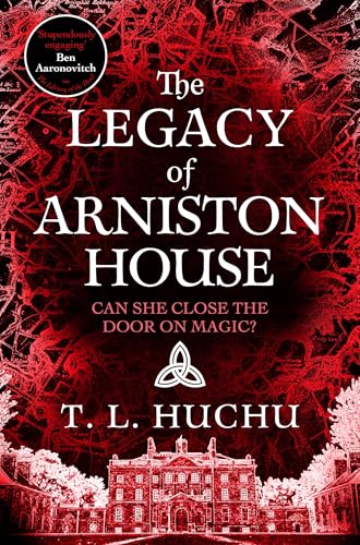 Book cover featuring a large stately home and red, swirling patterns.