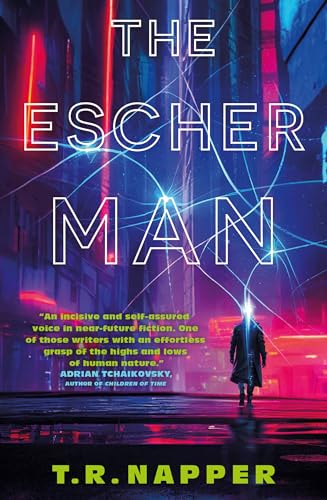 Book cover with a silhouetted man in a futuristic city with neon blue lines.