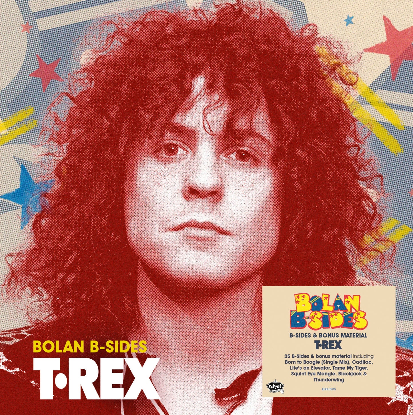 CD cover for T. Rex’s “Bolan B-Sides” featuring a portrait of Marc Bolan.