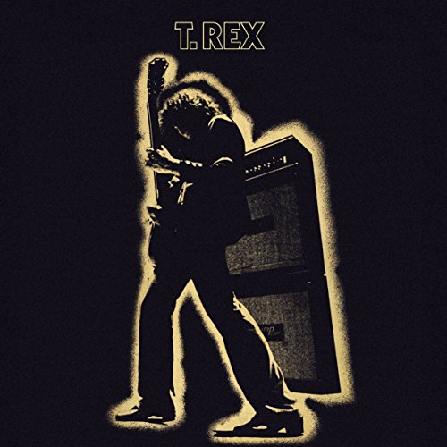 "T. Rex album cover featuring a silhouette of a man playing guitar beside an amplifier."