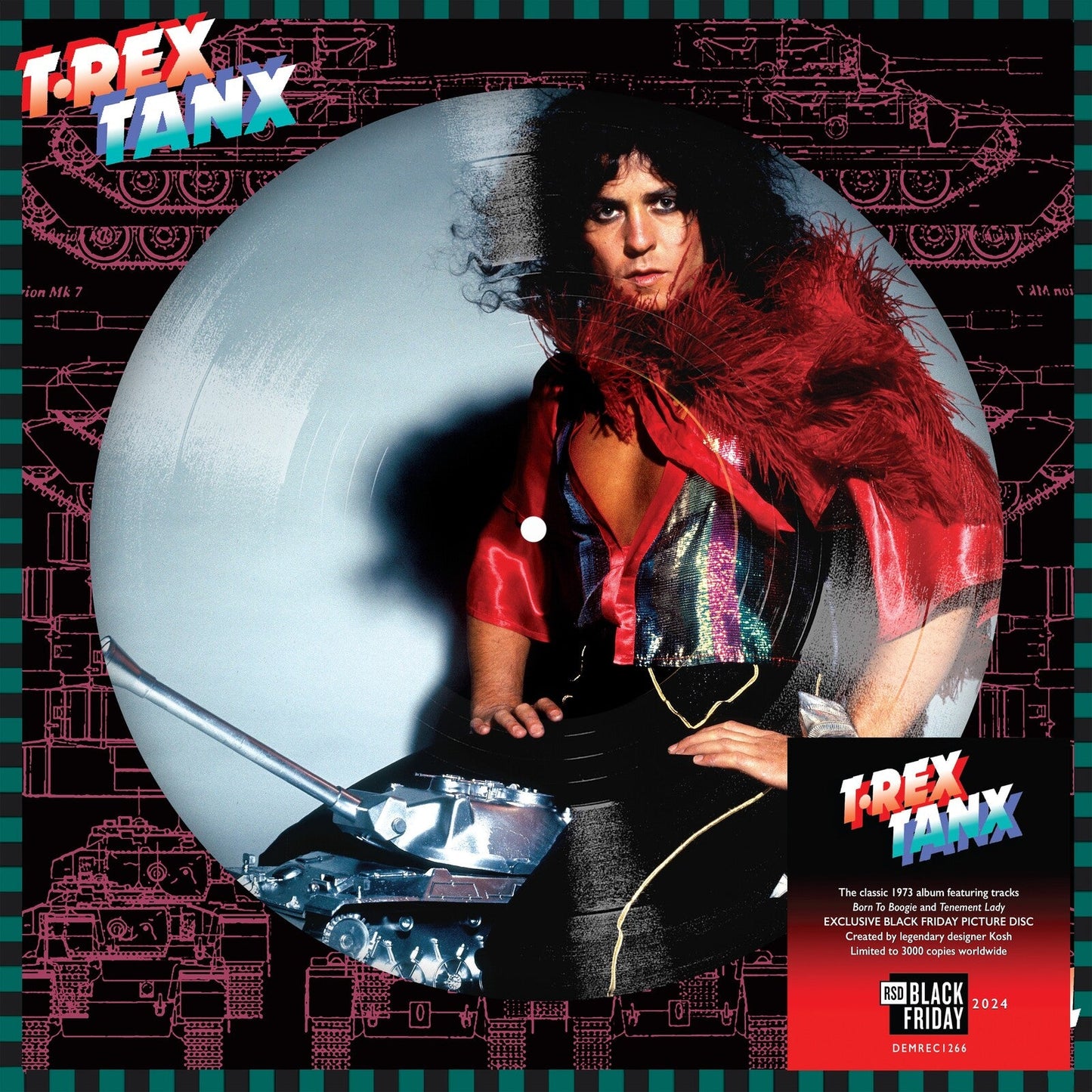 T. Rex "Tanx" vinyl record cover featuring Marc Bolan with a tank.