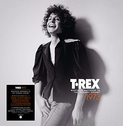 Black and white album cover featuring Marc Bolan of T. Rex, with text.