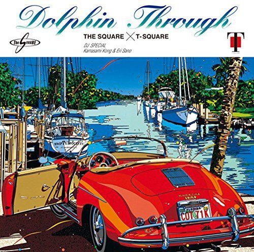 A red convertible parked by a marina with sailboats and palm trees.