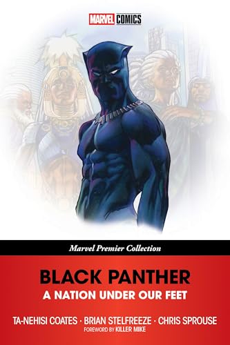 Black Panther stands before faint figures on a book cover with red text below.