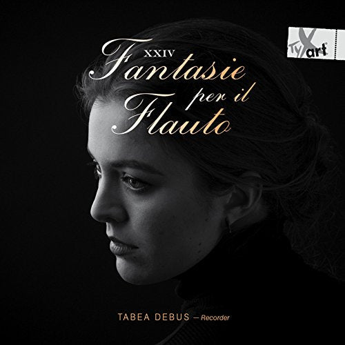 Black and white album cover featuring recorder player Tabea Debus in profile.