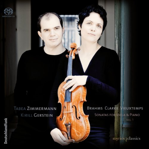 Musicians Tabea Zimmerman and Kirill Gerstein with a viola, album cover.