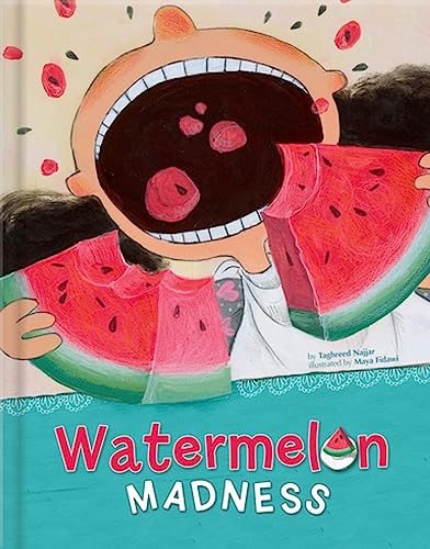 Child with large open mouth eating a large slice of watermelon.