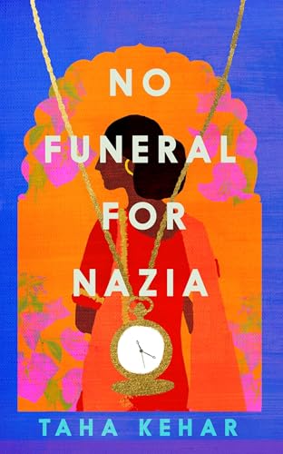 Book cover: woman’s profile, orange background, floral arch, gold watch.