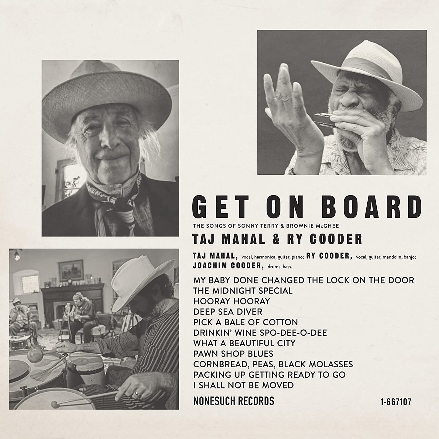 Album cover for Get On Board by Taj Mahal and Ry Cooder with tracklist.