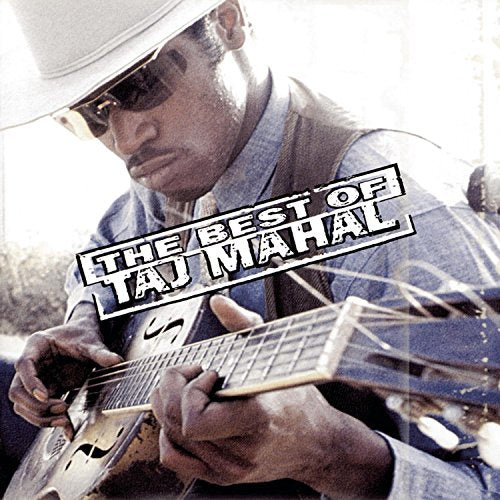 Taj Mahal in a white hat playing a steel guitar, album cover.