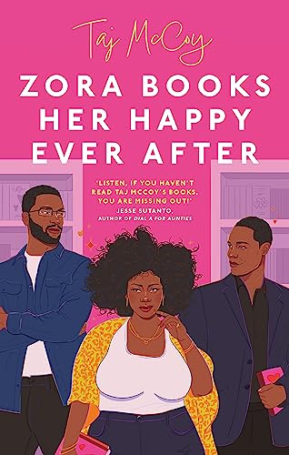 Book cover: “Zora Books Her Happy Ever After” with three illustrated figures.