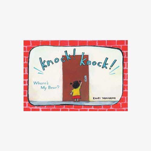Book cover: child knocking on a brown door, red brick background.