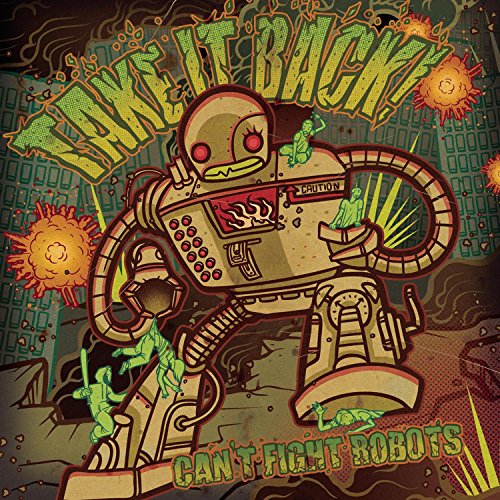 CD cover: robot fighting small green figures in a city landscape.