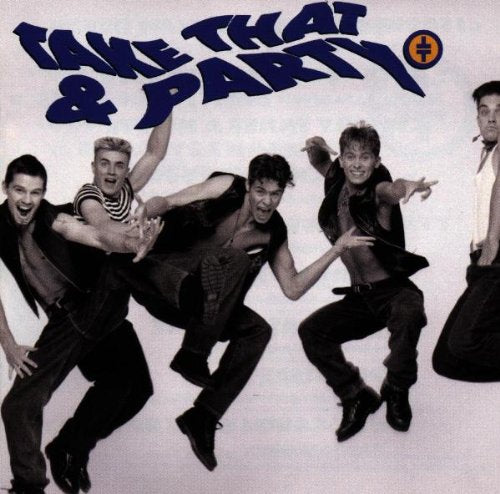 1990s album cover featuring the band Take That in dynamic poses.