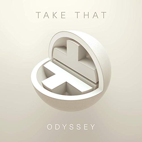 Take That's "Odyssey" CD cover: abstract white shape on beige background.